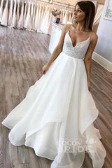 Beach Long A-line V-neck Floor Length Spaghetti Straps Wedding Dress