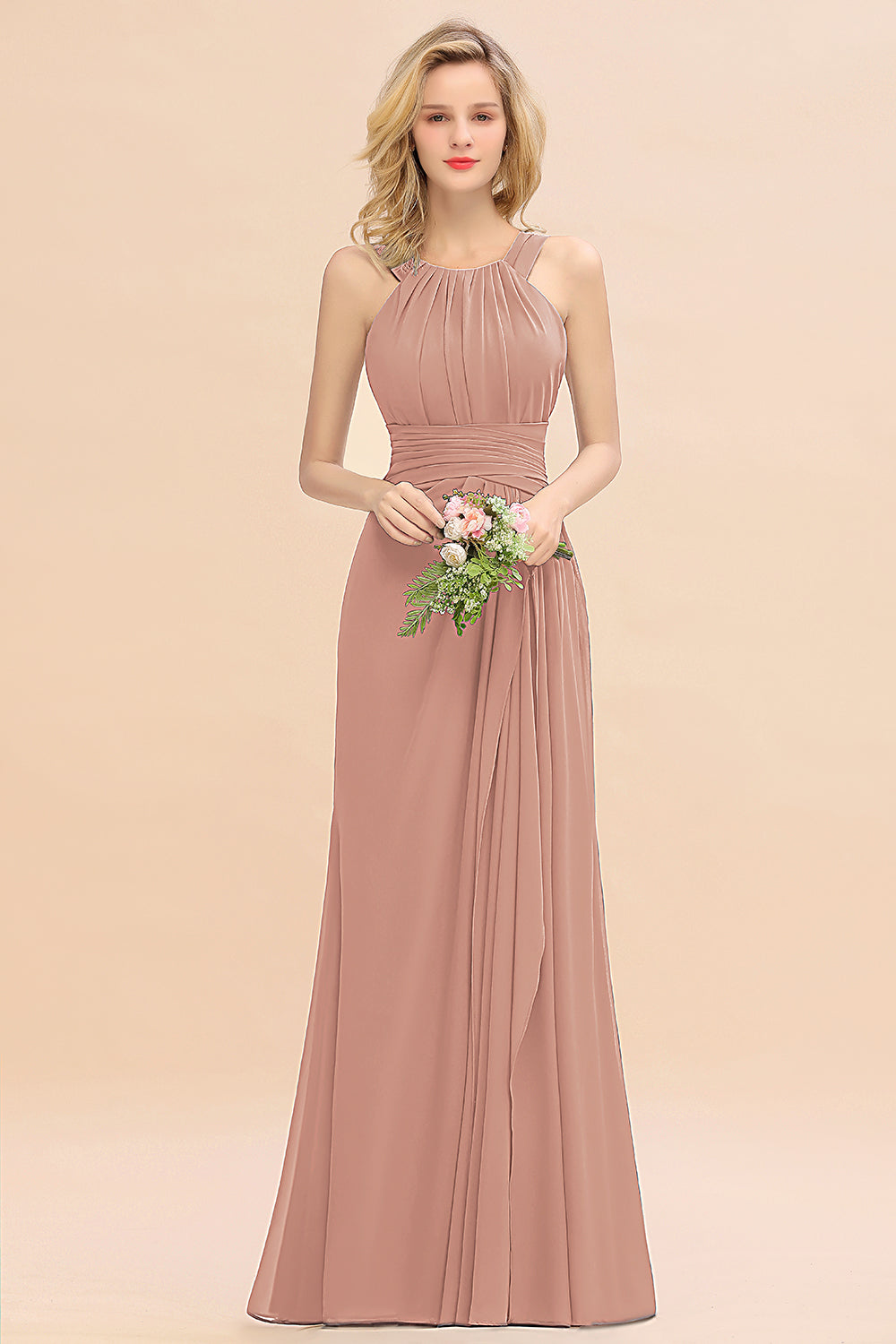 Long A-line Halter Chiffon Backless Floor Length Bridesmaid Dresses
