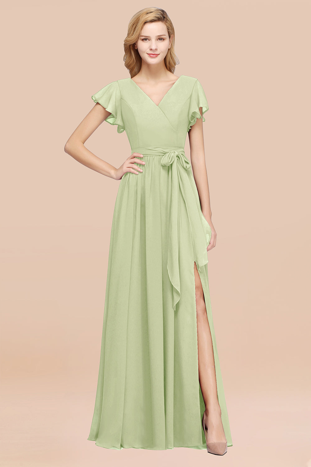 A-line Chiffon V-Neck Short Sleeves Floor Length Bridesmaid Dresses with Bow Sash