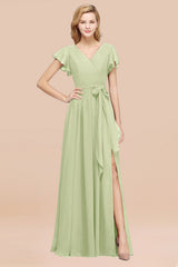 A-line Chiffon V-Neck Short Sleeves Floor Length Bridesmaid Dresses with Bow Sash