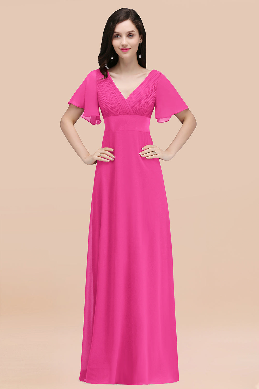 Simple A-Line Chiffon V-Neck Short Sleeves Ruffles Floor Length Bridesmaid Dresses