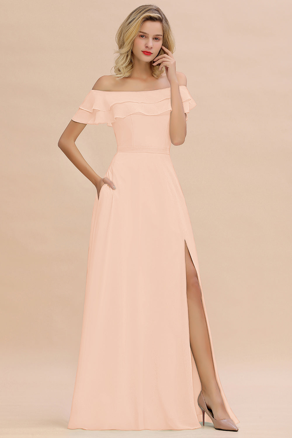 Off the Shoulder Front Slit Mint Green Long Bridesmaid Dress