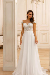 Chic White Long A-line Sweetheart Lace Chiffon Backless Wedding Dresses