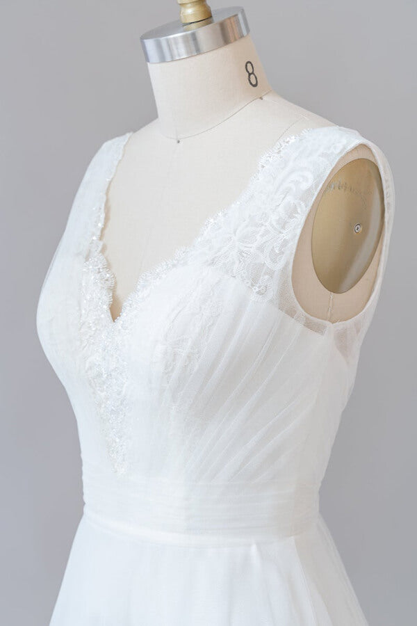 Long Ruffle V-neck Lace Tulle A-line Wedding Dress