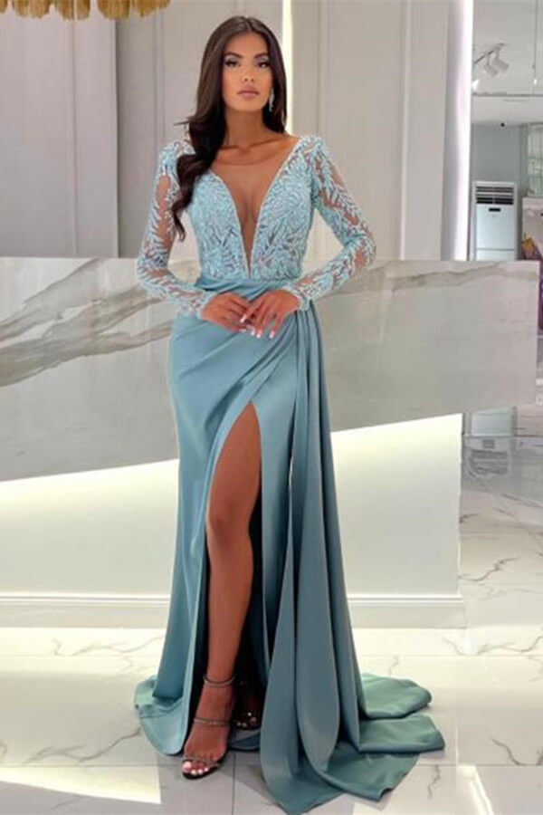 Mermaid V-Neck Long Sleeve Lace Satin Floor Length Prom Dress with Slit