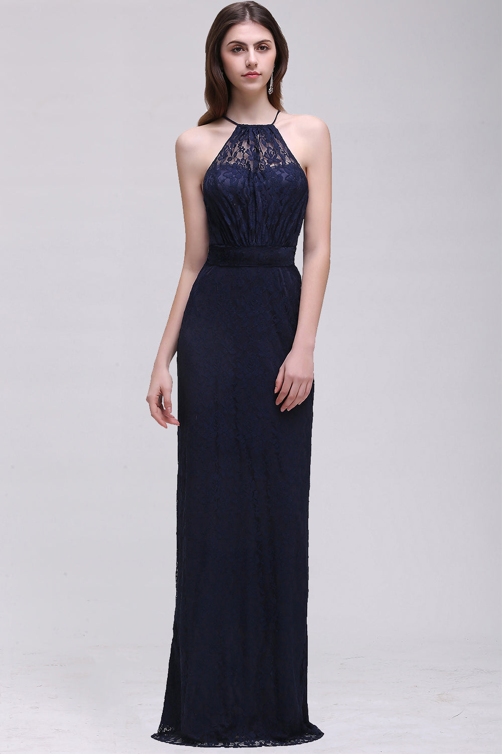 Elegant A-Line Lace Halter Sleeveless Floor Length Bridesmaid Dress