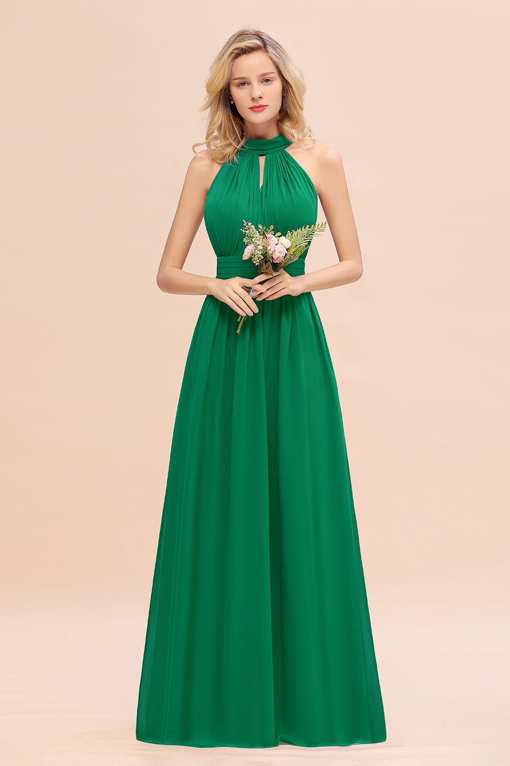 Dusty Sage Long High Neck Chiffon Bridesmaid Dresses with Ruffle