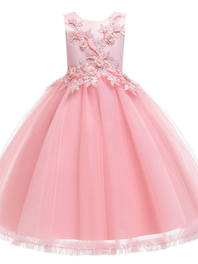 Ball Gown Tulle Sleeveless Jewel Neck Flower Girl Dresses with Appliques Lace