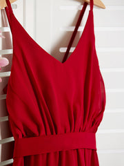 Red Long A-line Spaghetti Strap V-neck Chiffon Junior Bridesmaid Dress