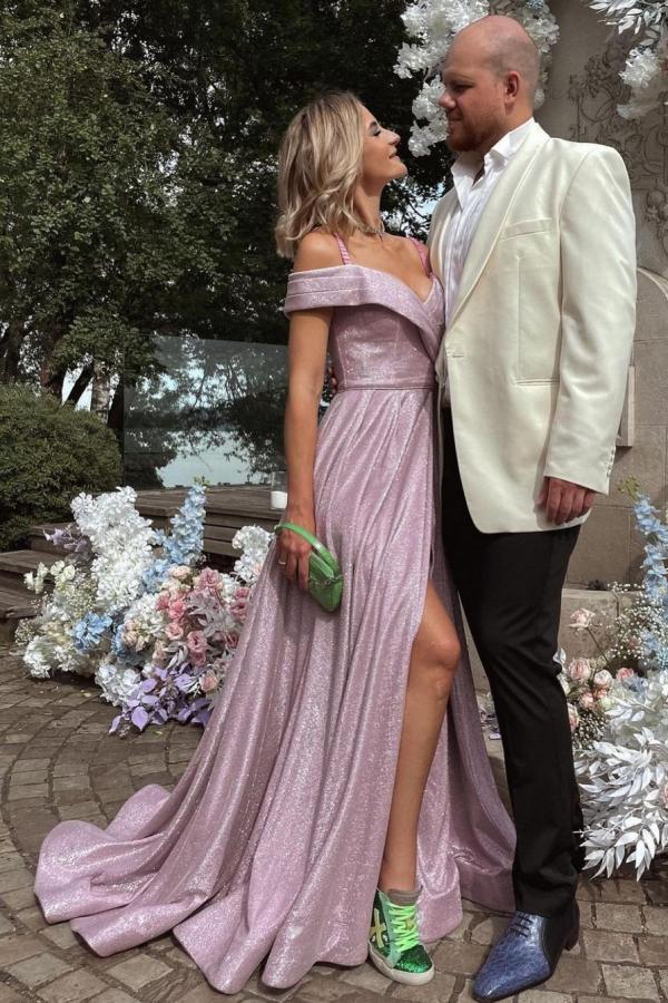 Elegant Long A-line Off the Shoulder Glitter Prom Dress with Slit