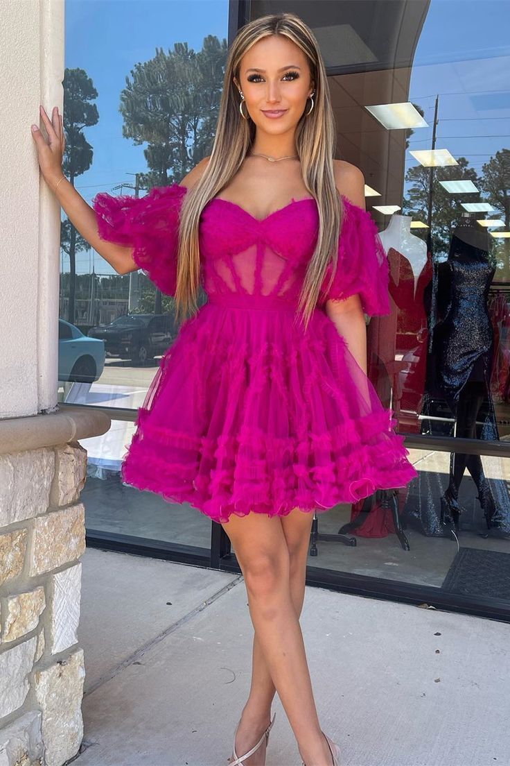 Off the Shoulder Short A-line Ruffles Tulle Homecoming Dress with Sleeves