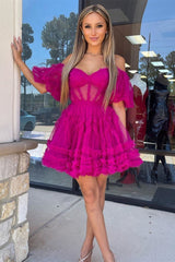Off the Shoulder Short A-line Ruffles Tulle Homecoming Dress with Sleeves