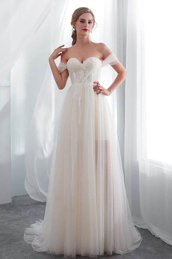 Long Sweetheart Lace-up Tulle Off the Shoulder A-line Wedding Dress