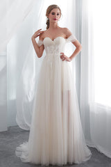 Long Sweetheart Lace-up Tulle Off the Shoulder A-line Wedding Dress