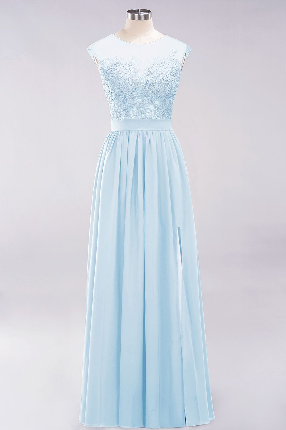 A-line Chiffon Lace Jewel Sleeveless Floor Length Bridesmaid Dresses with Appliques