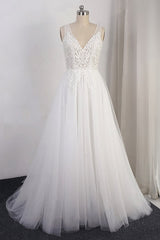 Long V-neck Open Back Appliques Tulle A-line Wedding Dress