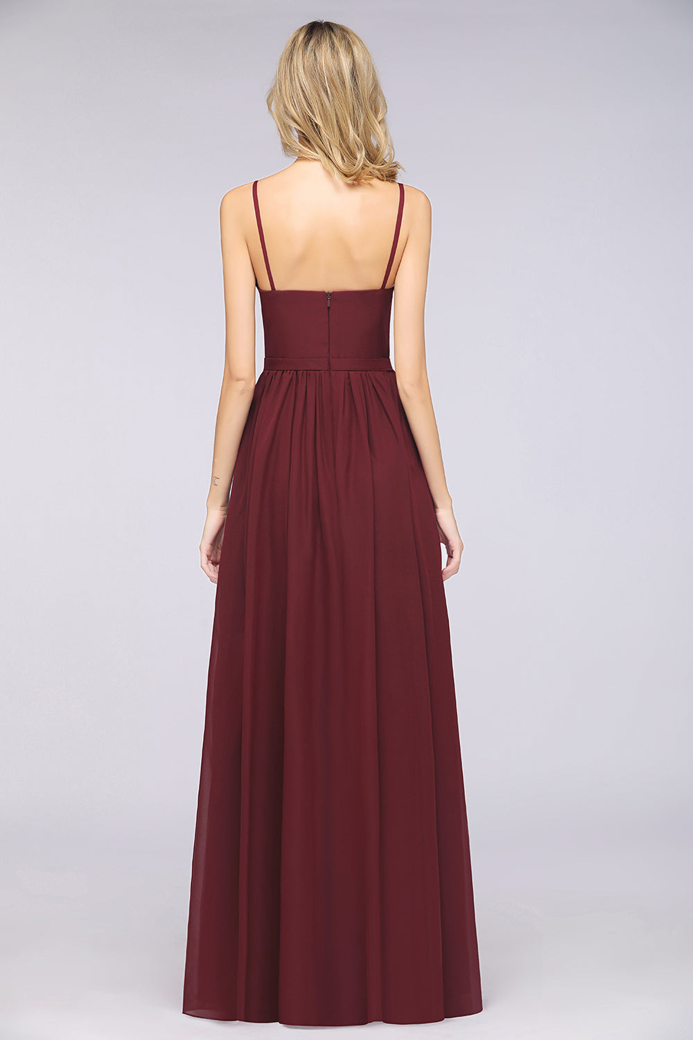 A-Line Chiffon Appliques Spaghetti Straps Deep-V-Neck Sleeveless Floor Length Bridesmaid Dress with Ruffles