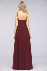 A-Line Chiffon Appliques Spaghetti Straps Deep-V-Neck Sleeveless Floor Length Bridesmaid Dress with Ruffles