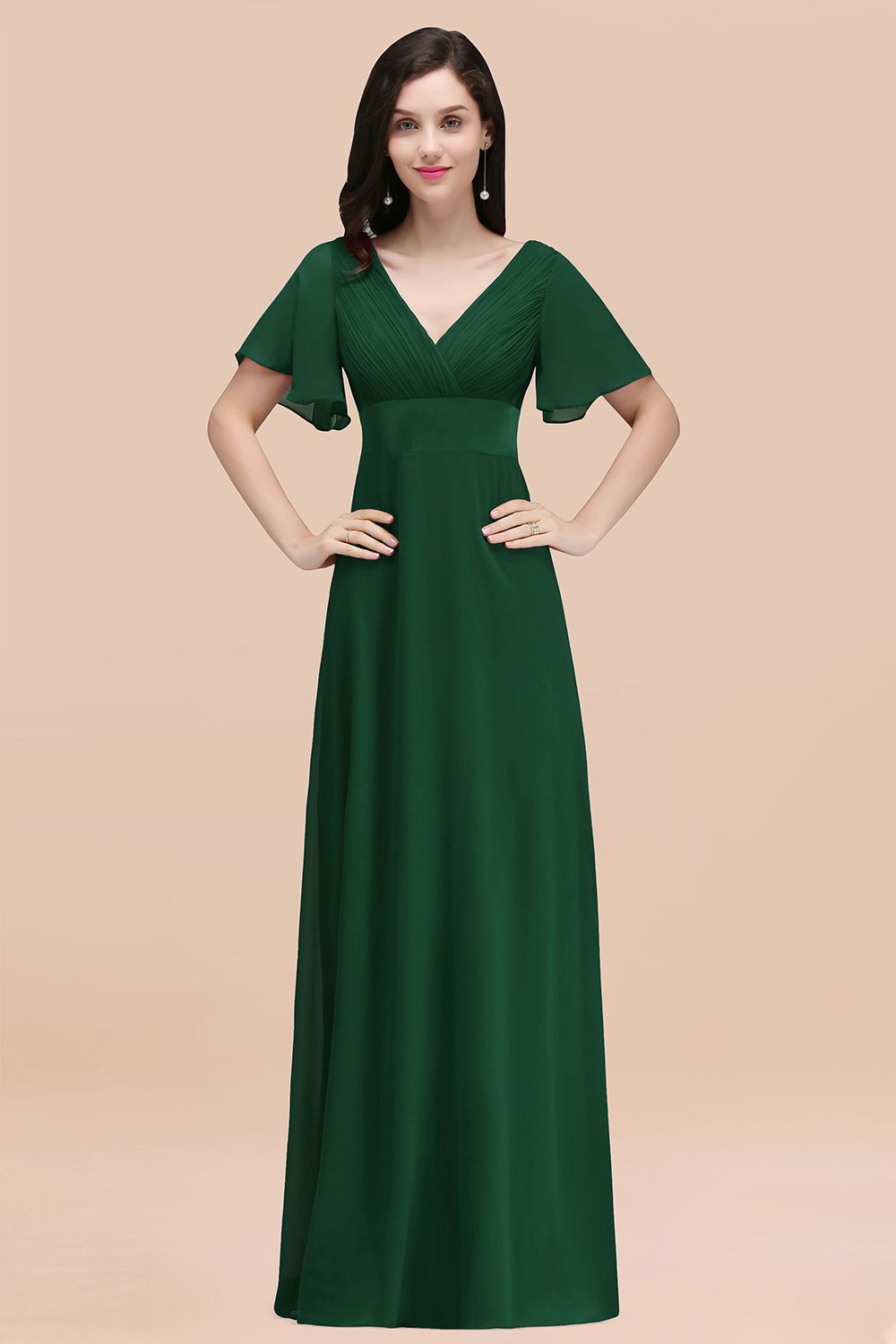 Simple A-Line Chiffon V-Neck Short Sleeves Ruffles Floor Length Bridesmaid Dresses