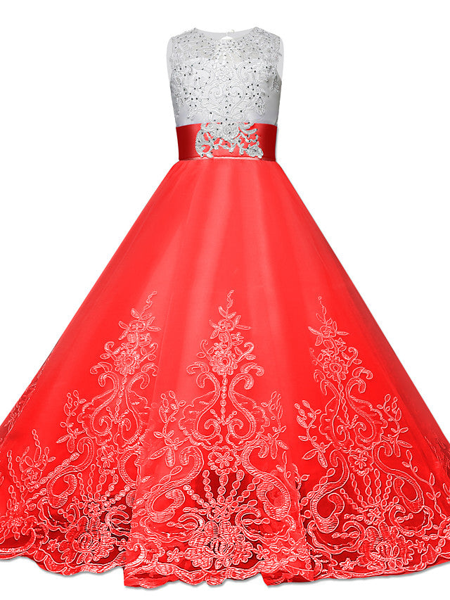 Long A-line Tulle Lace Sleeveless Jewel Neck Pageant Flower Girl Dresses