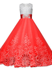 Long A-line Tulle Lace Sleeveless Jewel Neck Pageant Flower Girl Dresses