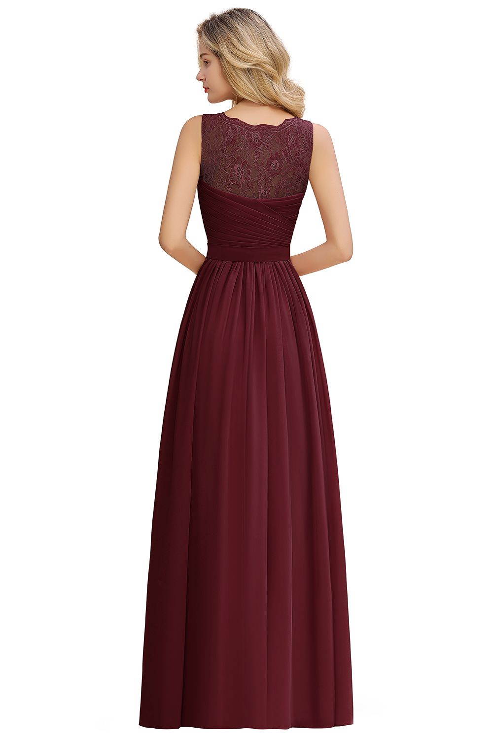 Long A Line Chiffon Sleeveless Lace Bridesmaid Dress with Ruffle