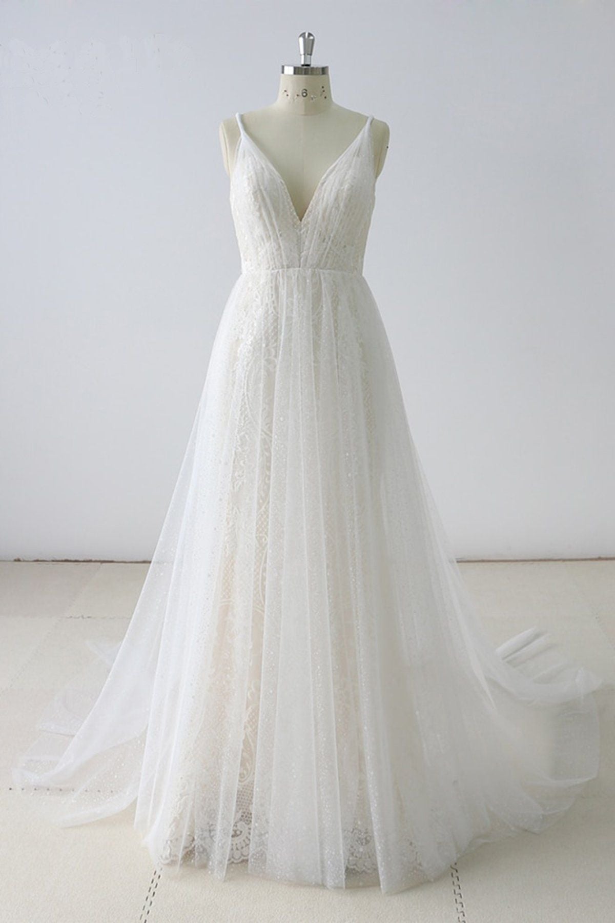 Simple White A-line Lace V Neck Long Spaghetti Straps Wedding Dress