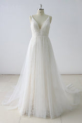 Simple White A-line Lace V Neck Long Spaghetti Straps Wedding Dress