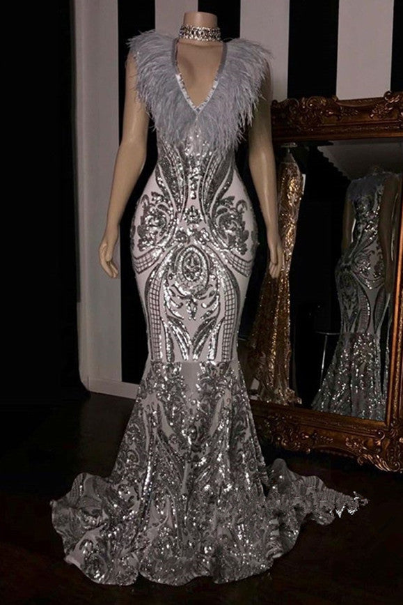 Long V-neck Sleeveless Mermaid Sequins Formal Prom Dresses