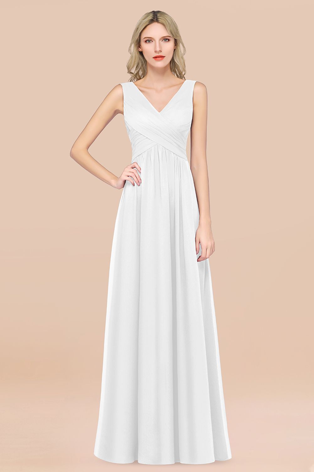A-Line Chiffon Straps V-Neck Sleeveless Floor Length Bridesmaid Dress with Ruffles