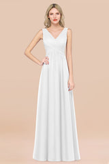 A-Line Chiffon Straps V-Neck Sleeveless Floor Length Bridesmaid Dress with Ruffles