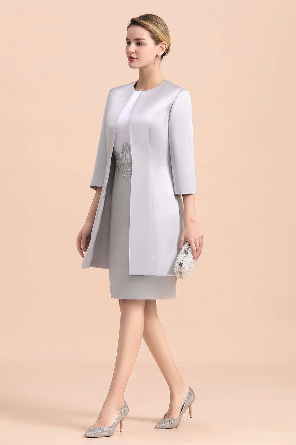 Silve Lace Appliques Short Knee-Length Mother Of the Bride Dress