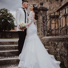 Elegant Long Mermaid Lace Open Back Wedding dresses with Sleeves