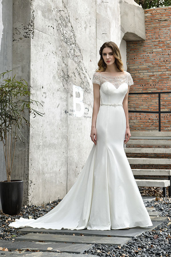 Long Mermaid Satin Lace Wedding Dress with Short Sleeve