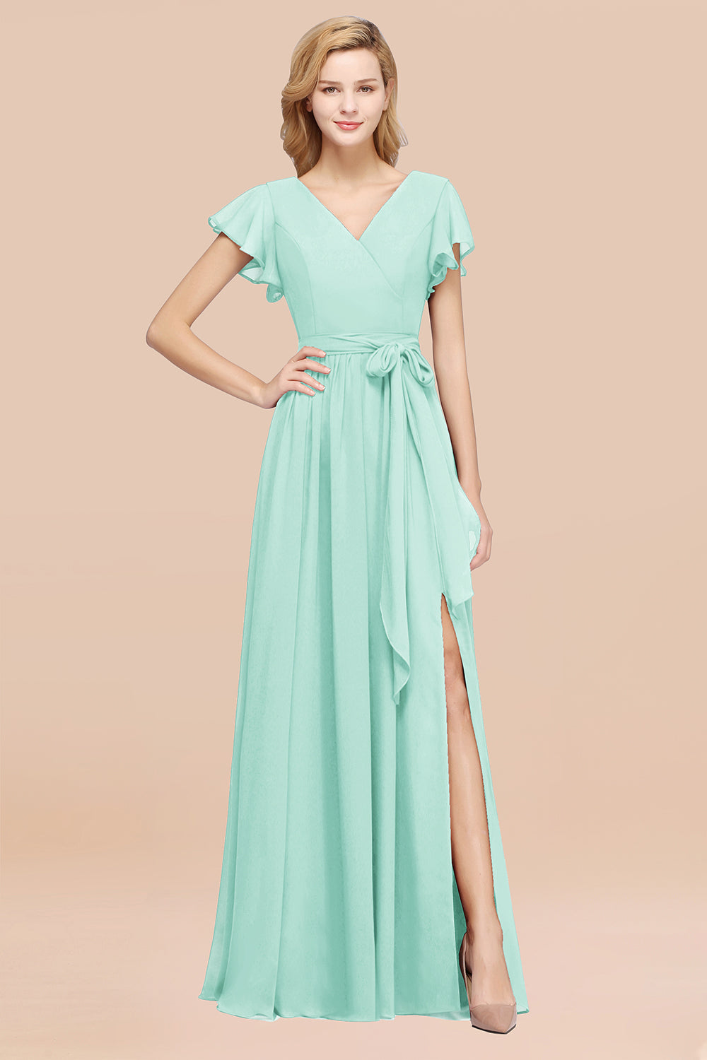 A-line Chiffon V-Neck Short Sleeves Floor Length Bridesmaid Dresses with Bow Sash