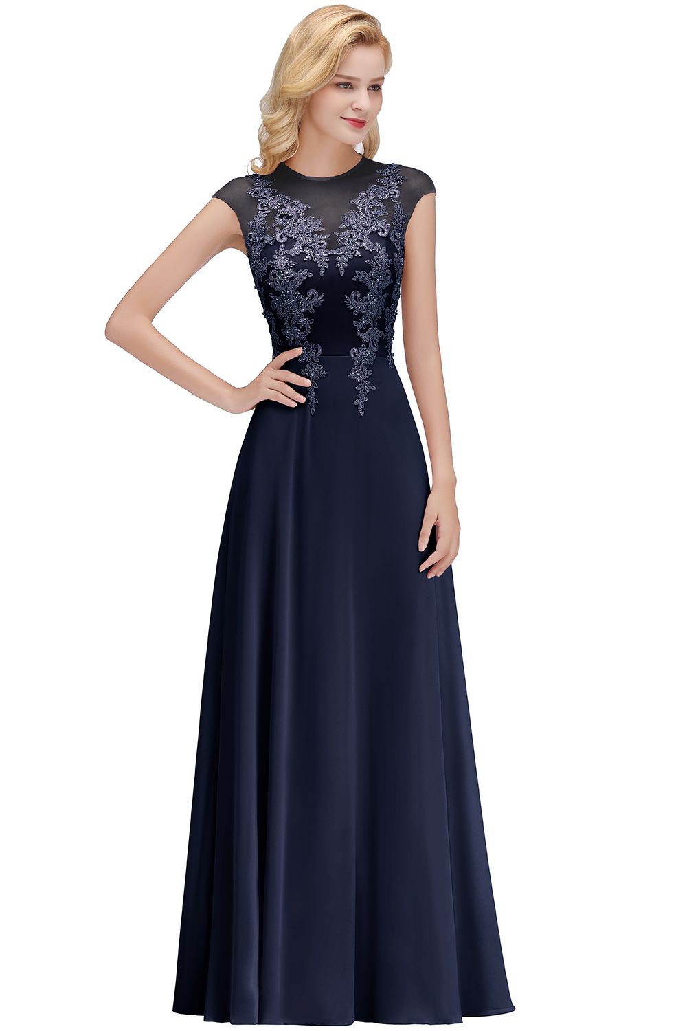 Lace Appliques Beads Cap Sleeve A-line Evening Prom Dress