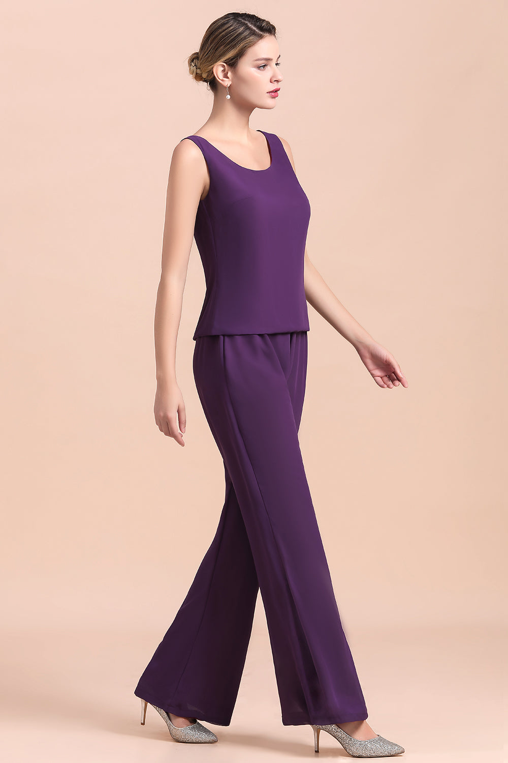 Straps Beading Grape Chiffon Long Sleeves Mother of Bride Jumpsuit With Wrap