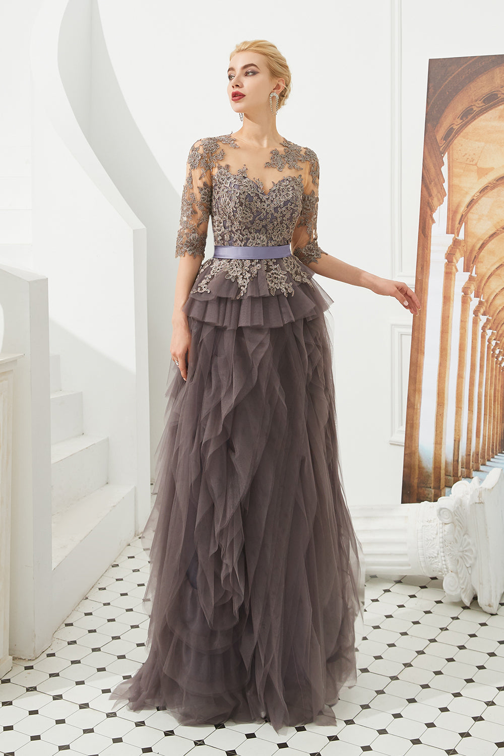 Fabulous Long A-line Jewel Tulle Lace Tulle Prom Dress with Sleeves