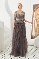 Fabulous Long A-line Jewel Tulle Lace Tulle Prom Dress with Sleeves