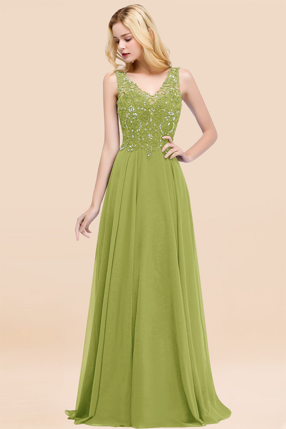 Dusty Rose Lace V-Neck Long Bridesmaid Dresses With Appliques