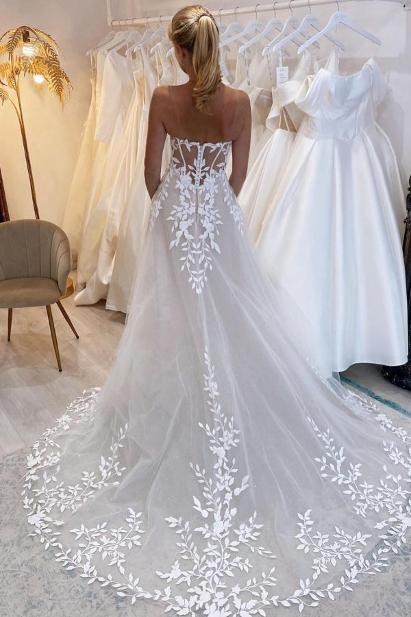 Long A-line Off The Shoulder Sweetheart Tulle Floor Length Wedding Dress