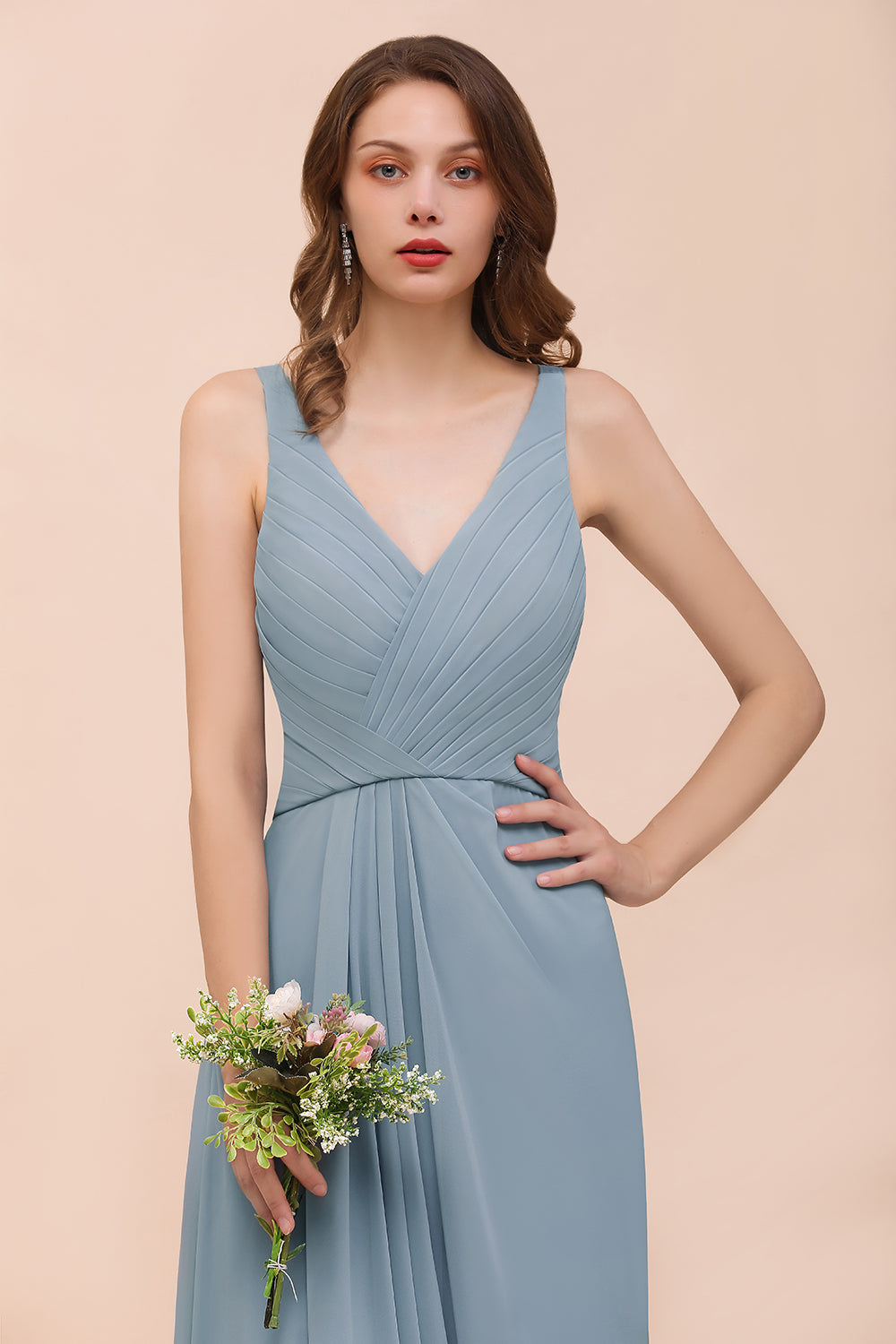 Chic V-Neck Sleeveless Floor Length A-Line Ruched Chiffon Bridesmaid Dress