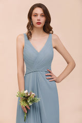 Chic V-Neck Sleeveless Floor Length A-Line Ruched Chiffon Bridesmaid Dress