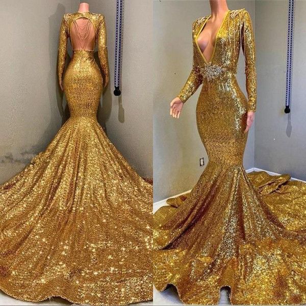 Gorgeous Mermaid Sequins Long Sleeves Floor Length Prom Dresses