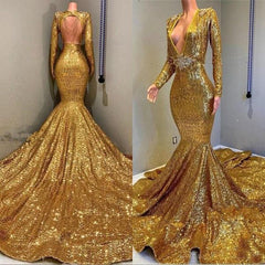 Gorgeous Mermaid Sequins Long Sleeves Floor Length Prom Dresses