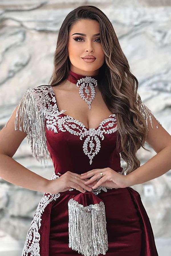 Burgundy Long Mermaid Sweetheart Velvet Front Slit Evening Formal Dresses