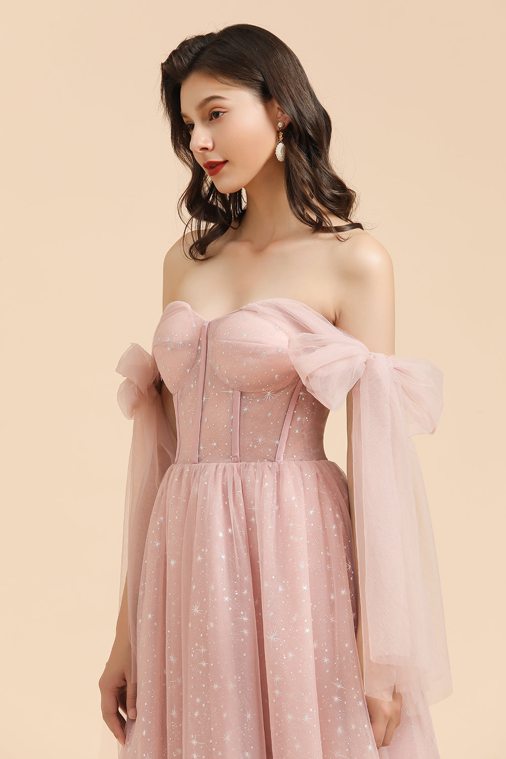 BM2007 A-line Pink Off The Shoulder Bow Tulle Floor Length Bridesmaid Dress