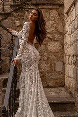Elegant Long Mermaid Sweetheart Tulle Lace Backless Wedding Dresses with Sleeves