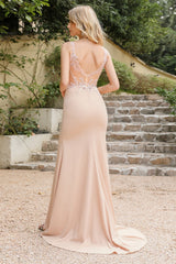 Charming Long Sleeveless Lace Appliques Mermaid Side Slit Prom Dress