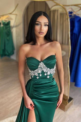 Dark Green Sweetheart Mermaid Satin Beading Long Prom Dress with High Split